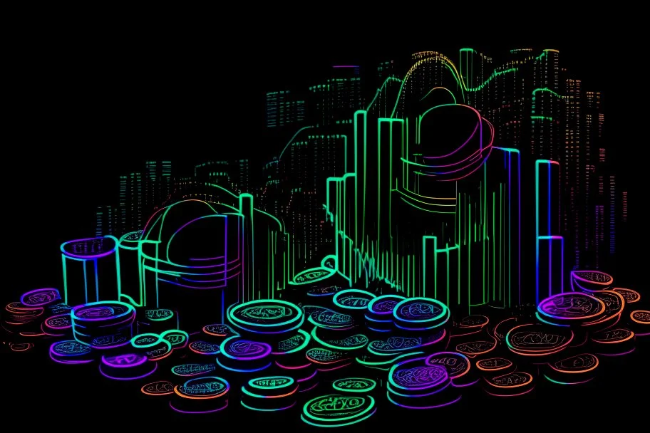 black background, outlines of a holographic pile of coins, chart drawn from thin neon-coloured glowing lines