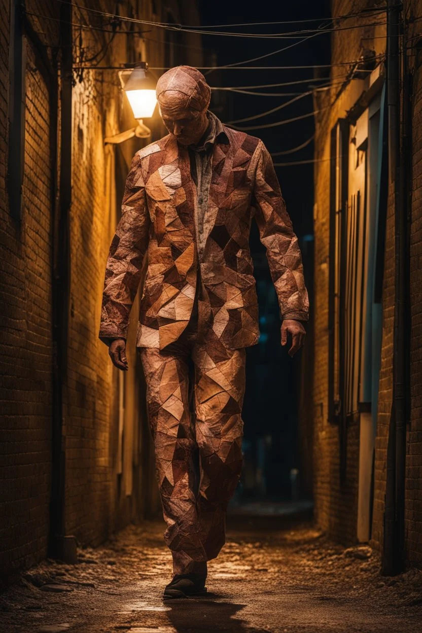 a human body sewn in a patchwork of big pieces of human skin. walking in an nighttime alley. terrifying horror setting.