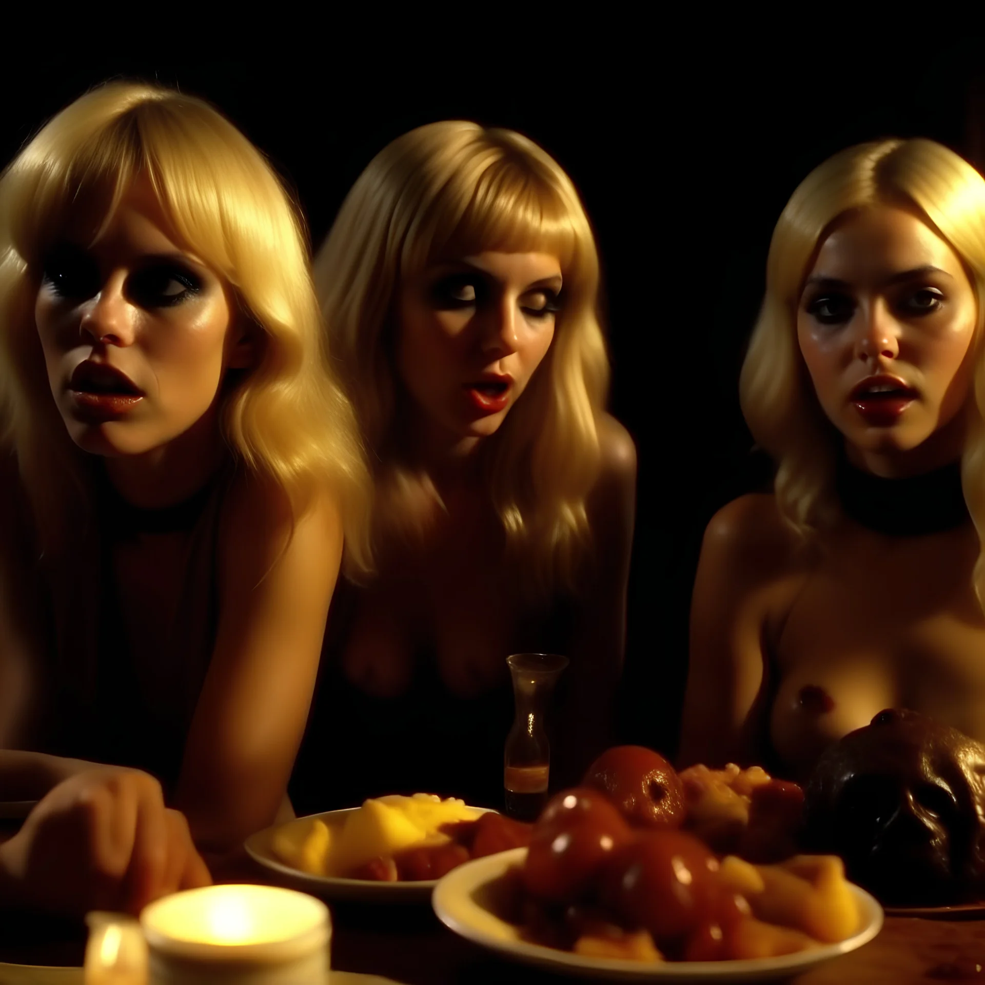 Horror movie shot, hot party, die, ultra realistic, dine, pastel, ultra chaos, realistic hot blonde women, pieces of meat, Caravaggio, monster, horn, satan, pieces of organs, hot, 1970's Italian horror movie, sinister, Dario Argento, Stanley Kubrik, ornate, 4k, photorealism