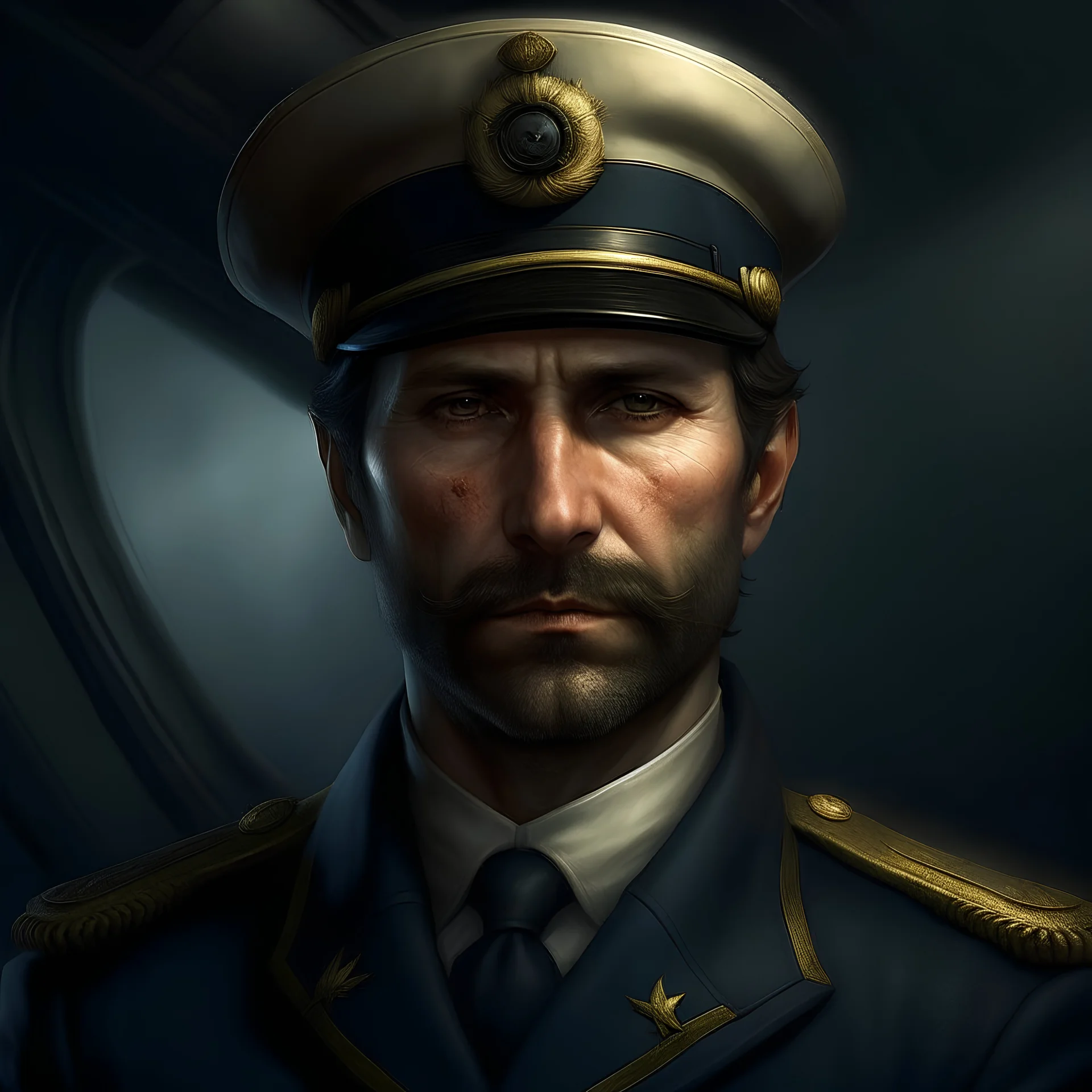 The submarine captain Sylas Steinhardt, a well groomed dark haired man realistic grimdark