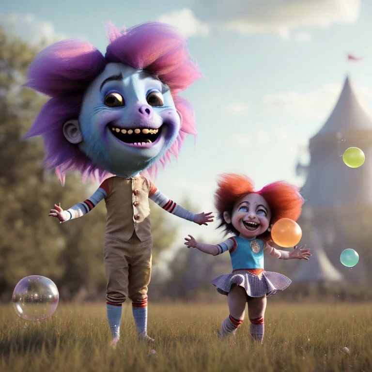 Ultra realistic circus scene. Sweet hair monster and Child’s playing, smile, happy, color bubbles, smooth color, waist up view, Wes Anderson style, dark ambient, highly detailed, concept art, unreal engine 5, god rays, ray tracing, RTX, lumen lighting, ultra detail, volumetric lighting, 3d, finely drawn, high definition, high resolution.