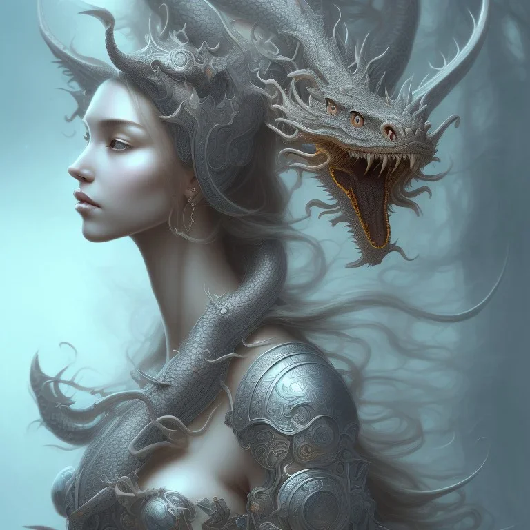 sango fantasy, fantasy magic, intricate, sharp focus, illustration, highly detailed, digital painting, concept art, matte, artgerm and paul lewin and kehinde wiley, masterpiece silver dragon head gray Asain African nice breast Afo woman turquoise waves