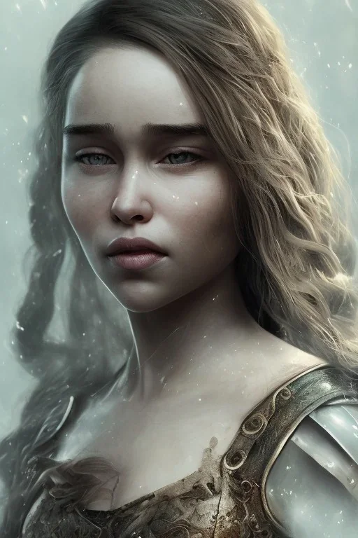 Perfect Emilia clarke face, warrior clothes, fullbody, highly detailed face, highly realistic, fog, fire, particles