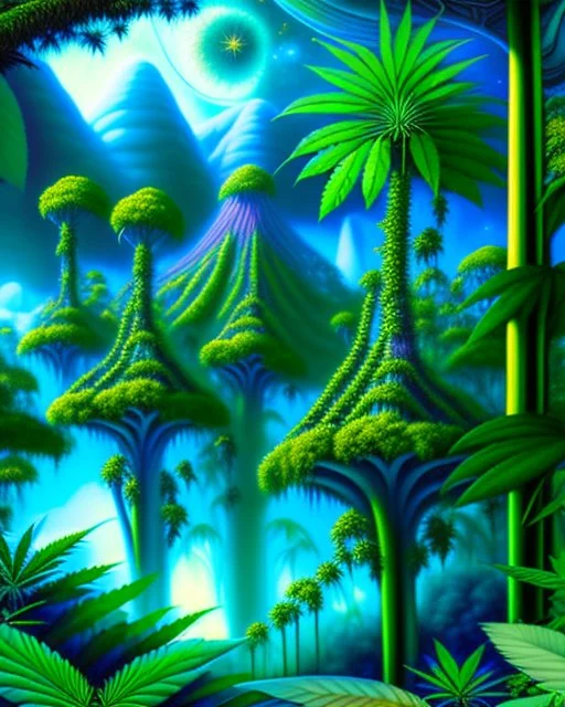 Forest of giant cannabis plants in a tropical setting, beautiful fantasy landscape, realistic and natural, cosmic sky, detailed full-color, nature, hd photography, fantasy by john stephens, galen rowell, david muench, james mccarthy, hirō isono, realistic surrealism, elements by nasa, magical, detailed, alien plants, gloss, hyperrealism