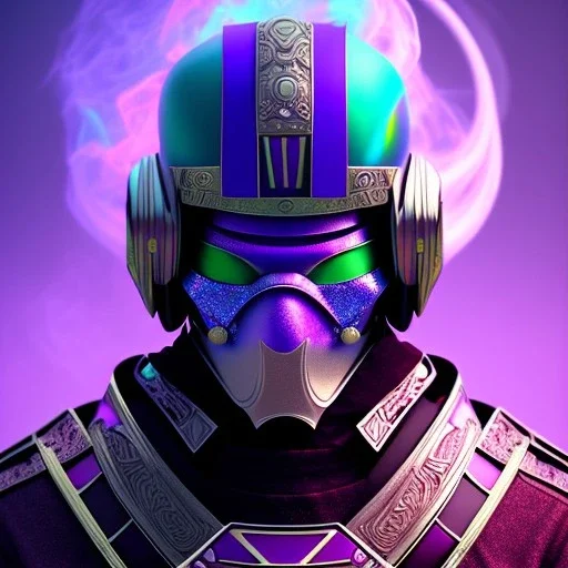 samurai purple masked villain in galaxy, teal and purple smoke, detailed, realistic, 4k