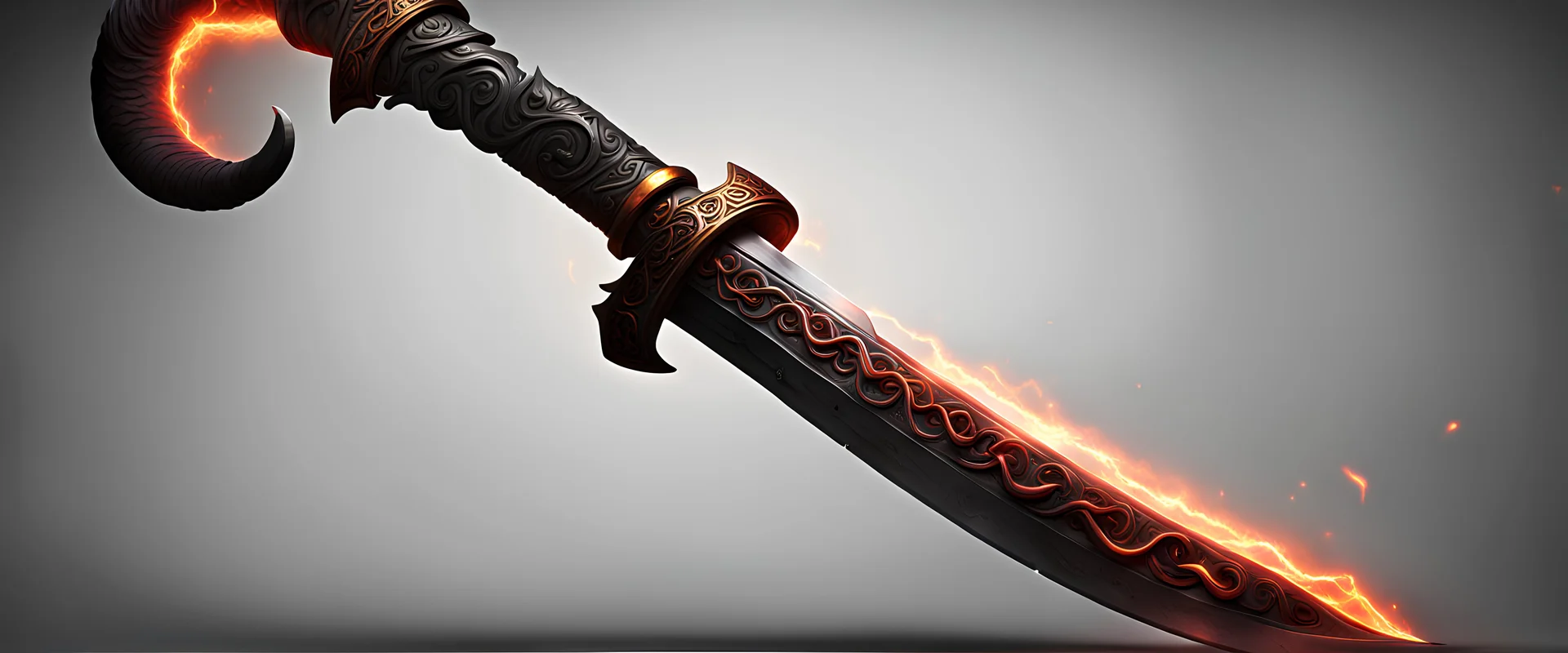 a long sword, whose blade made out of lava, glowing bright. it's guard has curled goat horns as decoration, and there is a curled chain affixed to the pommel.