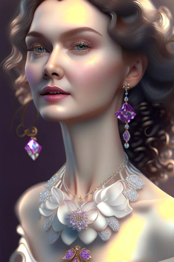 full body woman, from Russian Federation , elegant dress, elegant curled hair , 19 years old ,earring, nice make up,8k, Candid avant garde portrait, charming woman, wearing Lovely Flower Diamond Pendant, octane render 3d, plastic material