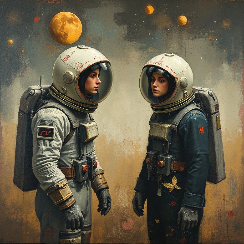 'Cause you and I will be like a couple of cosmonauts Except with way more gravity than when we started off" minimalisric surreal space composition Modifiers: oil on canvas surreal Mixed Media mysterious Impressionism heavy brushstrokes Jamie Heiden Gayane Khachaturian arbitrary colour alteration dmt puff mild exorcism Squeak Carnwath Bif Inc.™