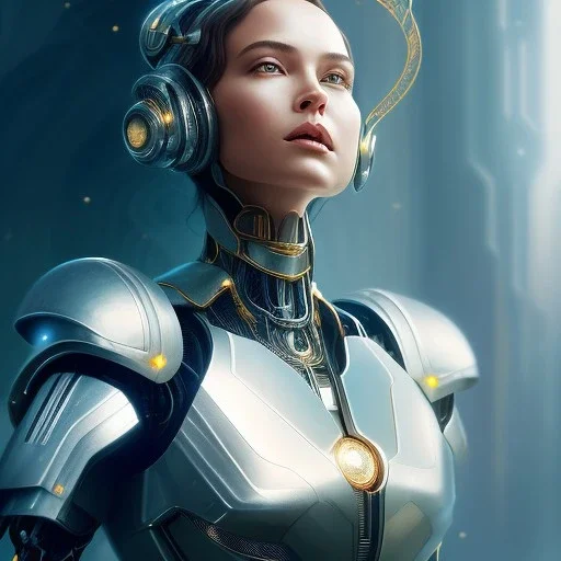 cosmos masterpiece, humanoid sexy cyborg robot with sword hands, sango fantasy, fantasy magic, sharp focus, illustration, highly detailed, digital painting, concept art, matte, artgerm and paul lewin and kehinde wiley, full figure, fit in board, cyber punk, pretty accurate hands face fingers, natural aye, fit within portrait