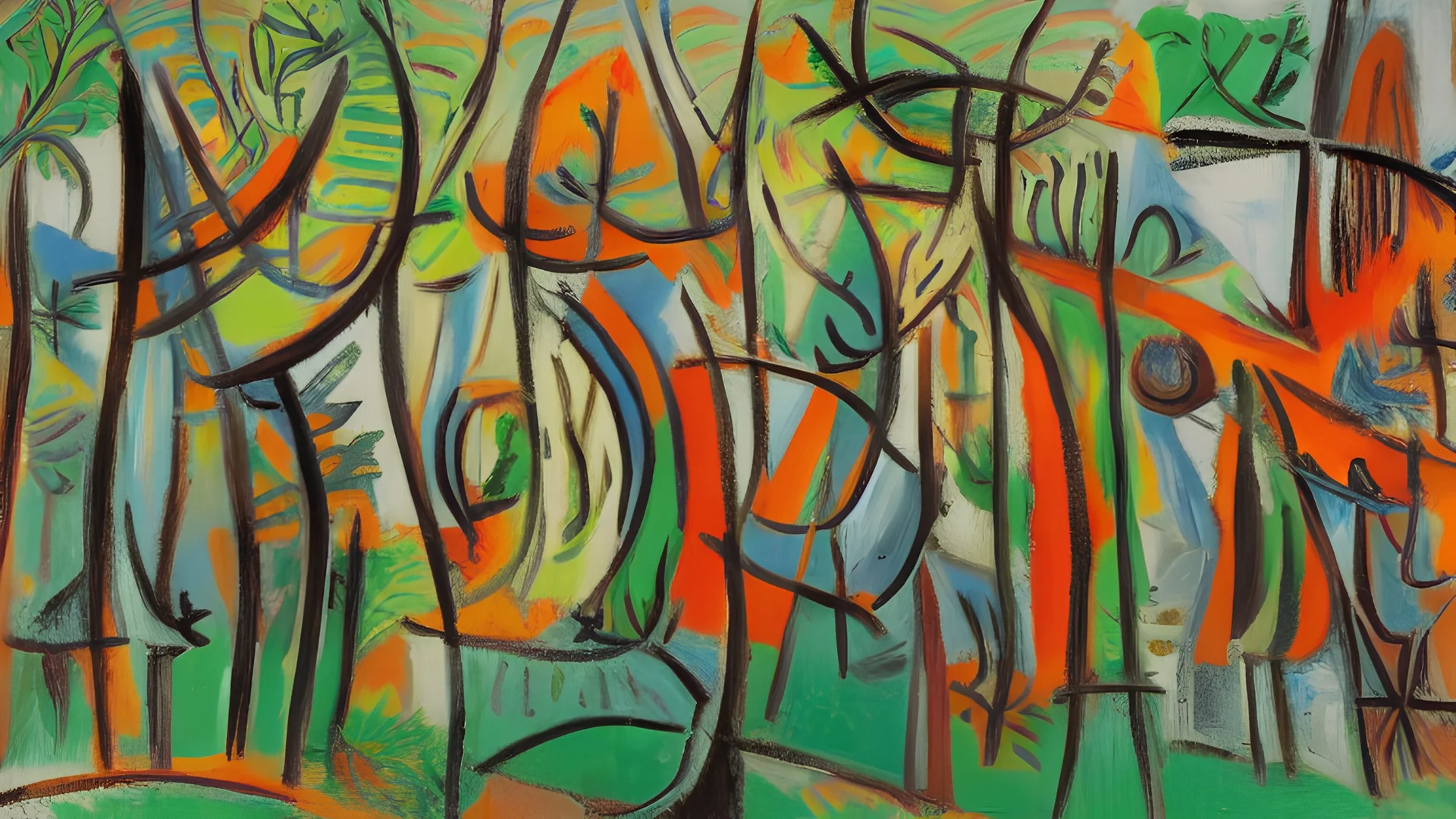 a whimsical multicolor forrest line, on the horizon, by picasso