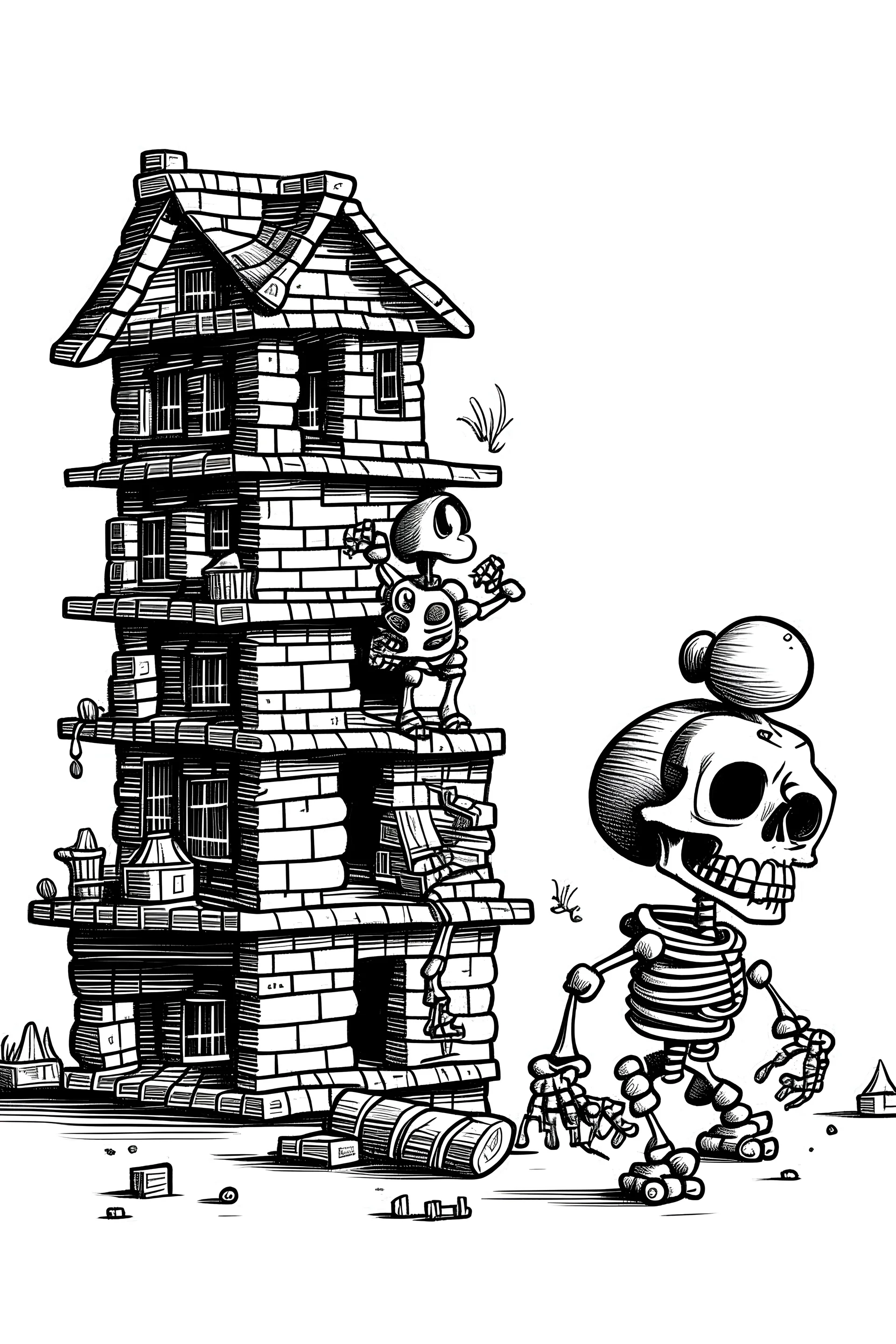 black&white sketch of a funny skeleton and a cat building a big house with huge lego blocks