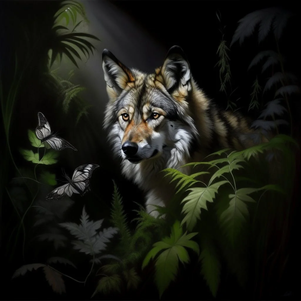 wolf portrait, ferns, butterflies, oilpainting, cinematic lighting