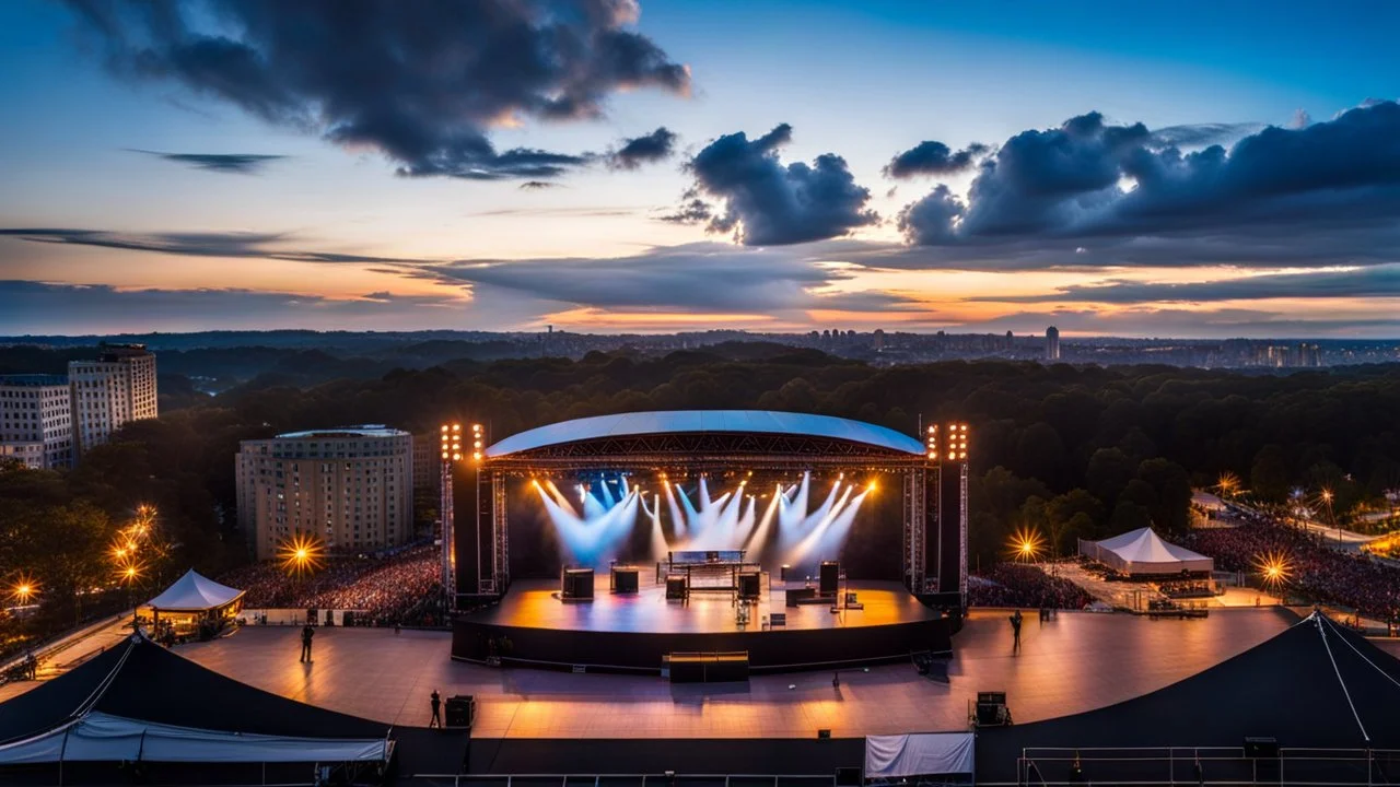 a big open disko stage in modern city center , at distance,blue sky pretty clouds ,sunset ,golden hour,closeup.