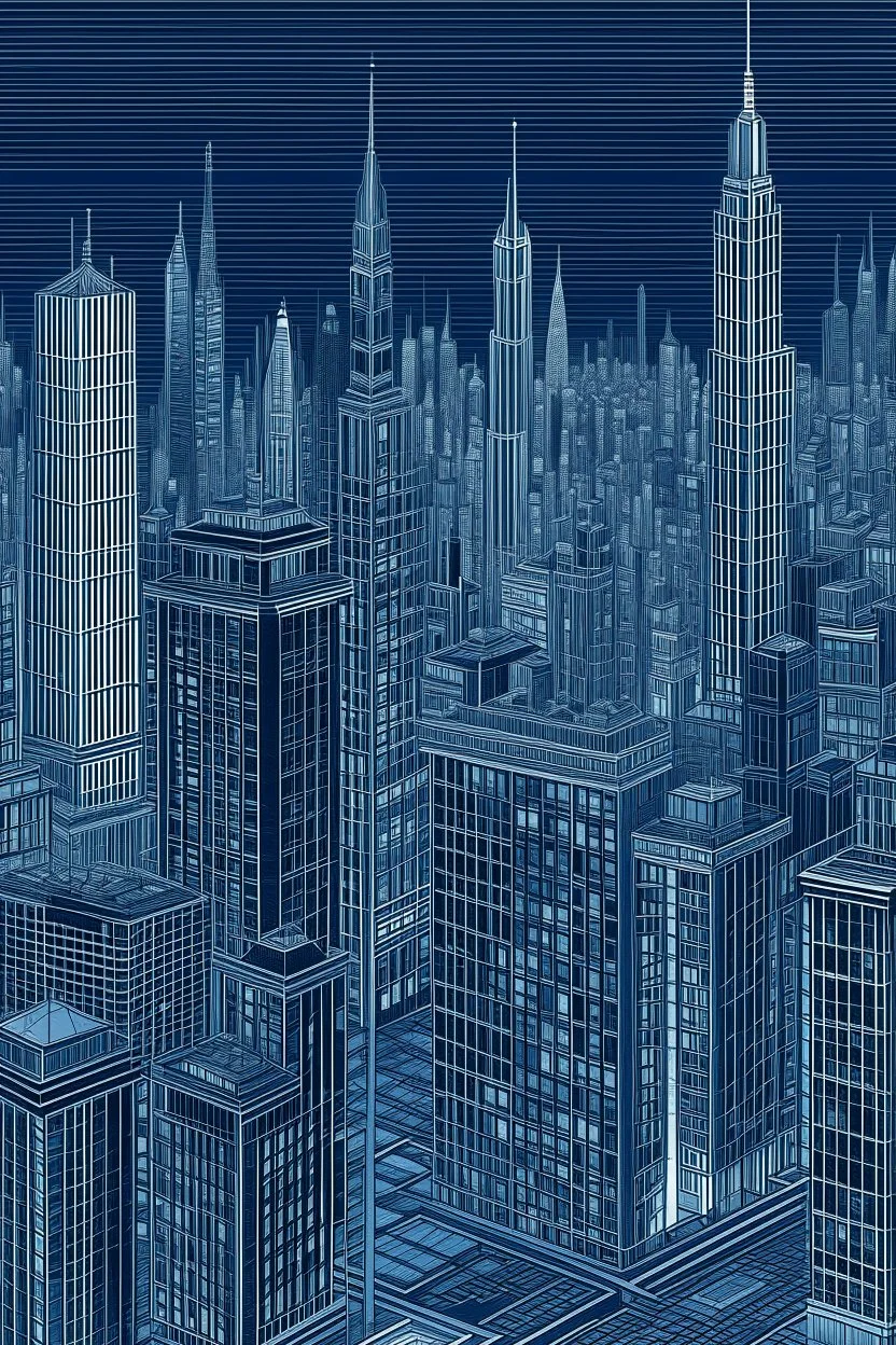 Very Fine lines draw of a dream city , nyc building , dark blue all no windows 3D