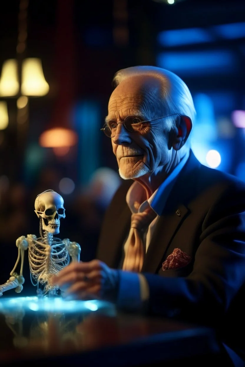 portrait of flashy transparent old man scientist in casino parlor showing of his glowing skeleton, zeiss prime lens, bokeh like f/0.8, tilt-shift lens 8k, high detail, smooth render, down-light, unreal engine, prize winning