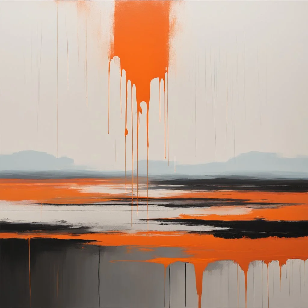 Melancholy Minimal abstract flat landscape painting. Rough brushstrokes and dripping paint. A single orange colour highlight with complimentary background colours. Use rule of thirds. Place the Horizon line at the top. Style of Justin Mortimer.Abstract empty landscape painting. Dripping paint. Rough. Minimal. Style of Justin Mortimer.