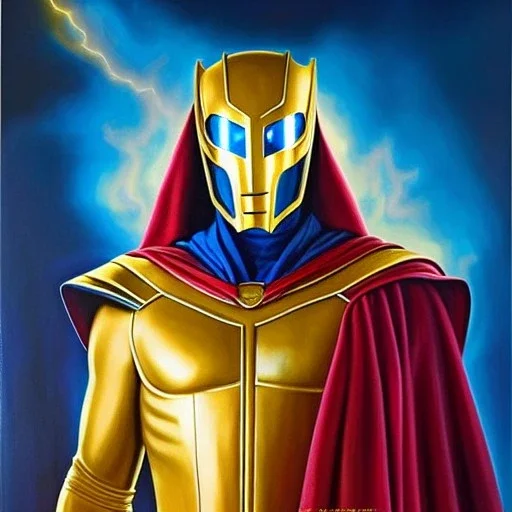 ultra detailed fullbody Portrait in oil on canvas of Dr. Fate with the Helm of Nabu ,intense stare,extremely detailed digital painting, extremely detailed face, Glowing red eyes, mystical colors ,perfectly centered image, perfect composition,rim light, beautiful lighting, 8k, stunning scene,extremely sharp detail, finely tuned detail, ultra high definition raytracing, in the style of Simon Bisley and robert e howard and Luis Royo and and Ohrai Noriyoshi