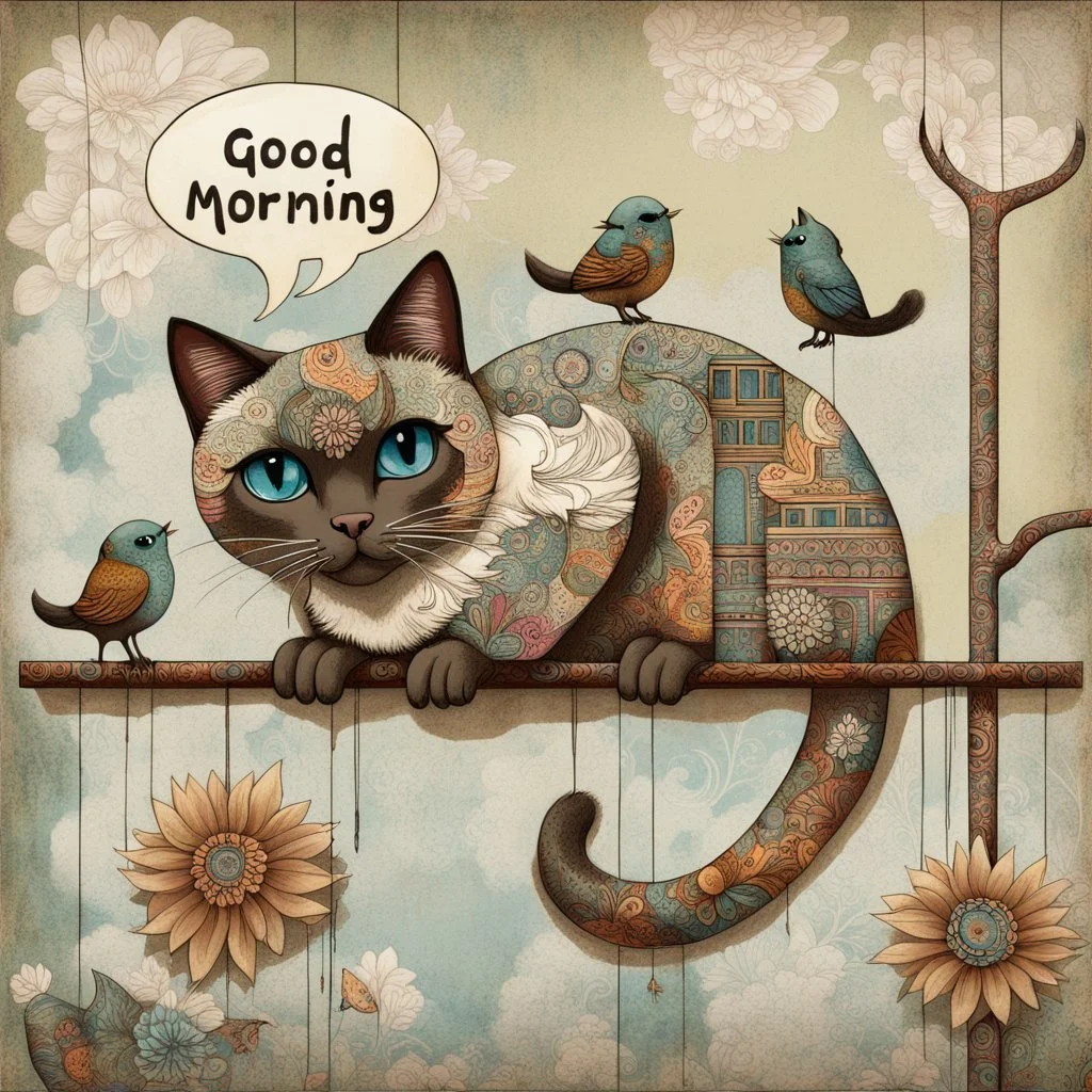 Siamese cat with blue eyes, adorned with intricate patterns and stylized buildings paints, hangs precariously from a floral-patterned board, against a mottled gray-green background. It looks directly at the viewer while a speech bubble above its head states "Good Morning". Three stylized birds in various colors and patterns stand on the branch and board above and below the cat, whimsical, expressionist painting, diswashed, Aging effects, Ogata Kōrin style.