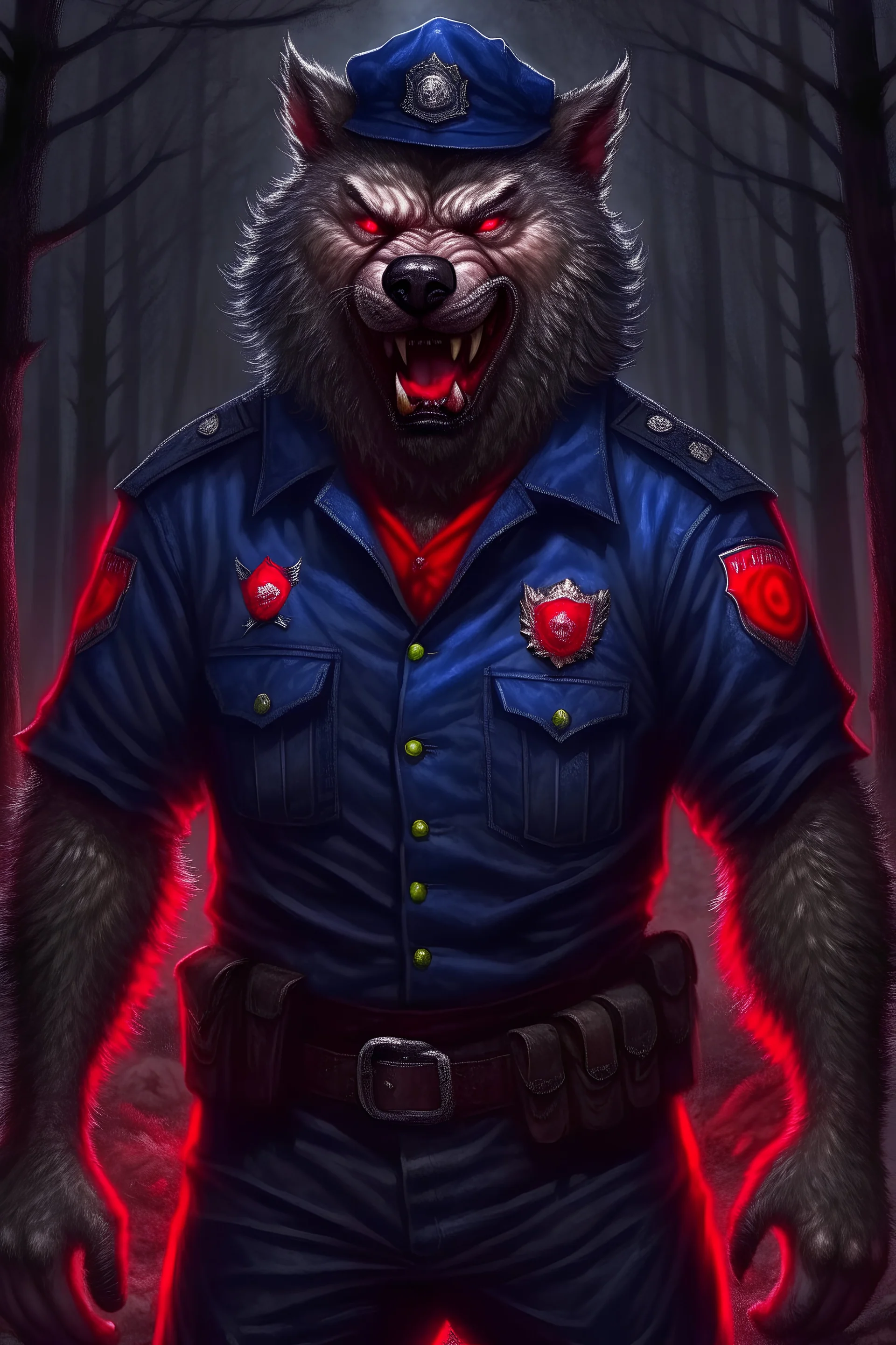 130 kg angry werewolf in a cop uniform with blood in the woods belgium realism