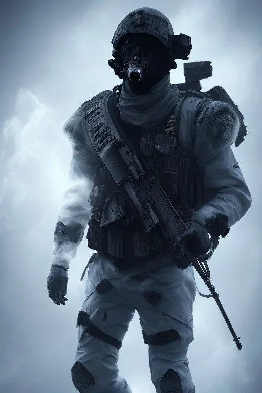 All Black british soldier, ghost, wearing high tech mask, white smoke, dark, rage, sorrow, high definition, ultra 8 k, volumetric lighting, blue fire, fog