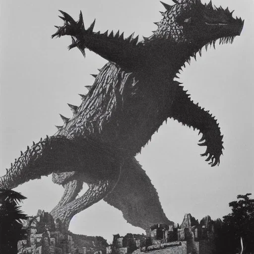  kaiju destroying a castle by walt disney and dali