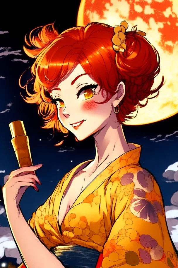 (Asian), short hair, fiery red hair hair, normal hands yukata, yellow clothes, 8k, best quality, winking, very dark night time, lighting from moon yellow moon, perfect, masterpiece, anime style, cartoon style,