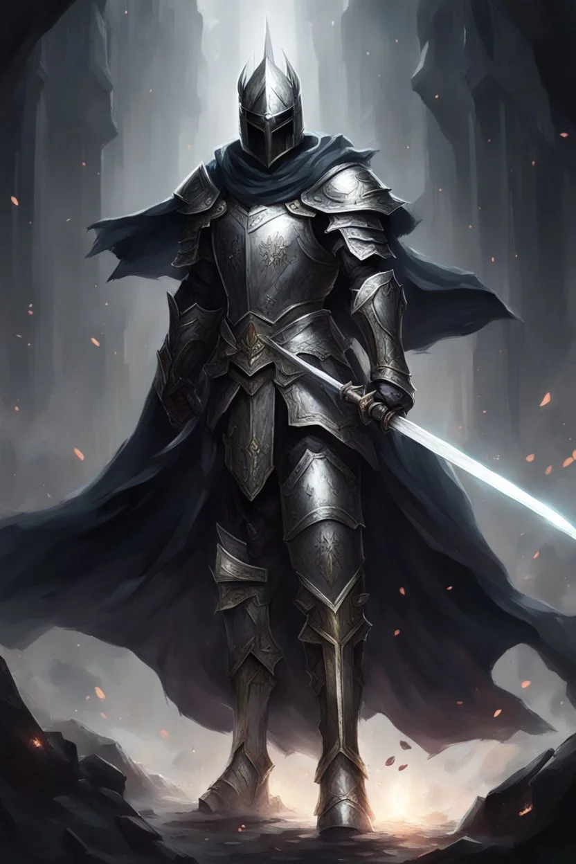 holy knight paladin in dark silver armor and masked helmet and a cape wielding a sword in abyss