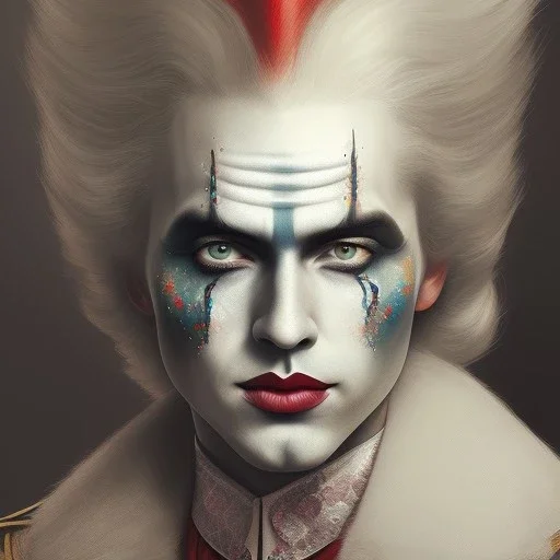 white face clown makeup, cat, handsome, circus, jester's hat, portrait, melancholy expression, trace light, Paint spatters, muted drips, sad, sad clown face paint, thomas rollus child of light, Thomas Rollus, fantasy, anime, volumetric lighting, sun shafts, spectral, illuminated, gothic colors, modern fairy tale, high detail, red leaf tree, perfect