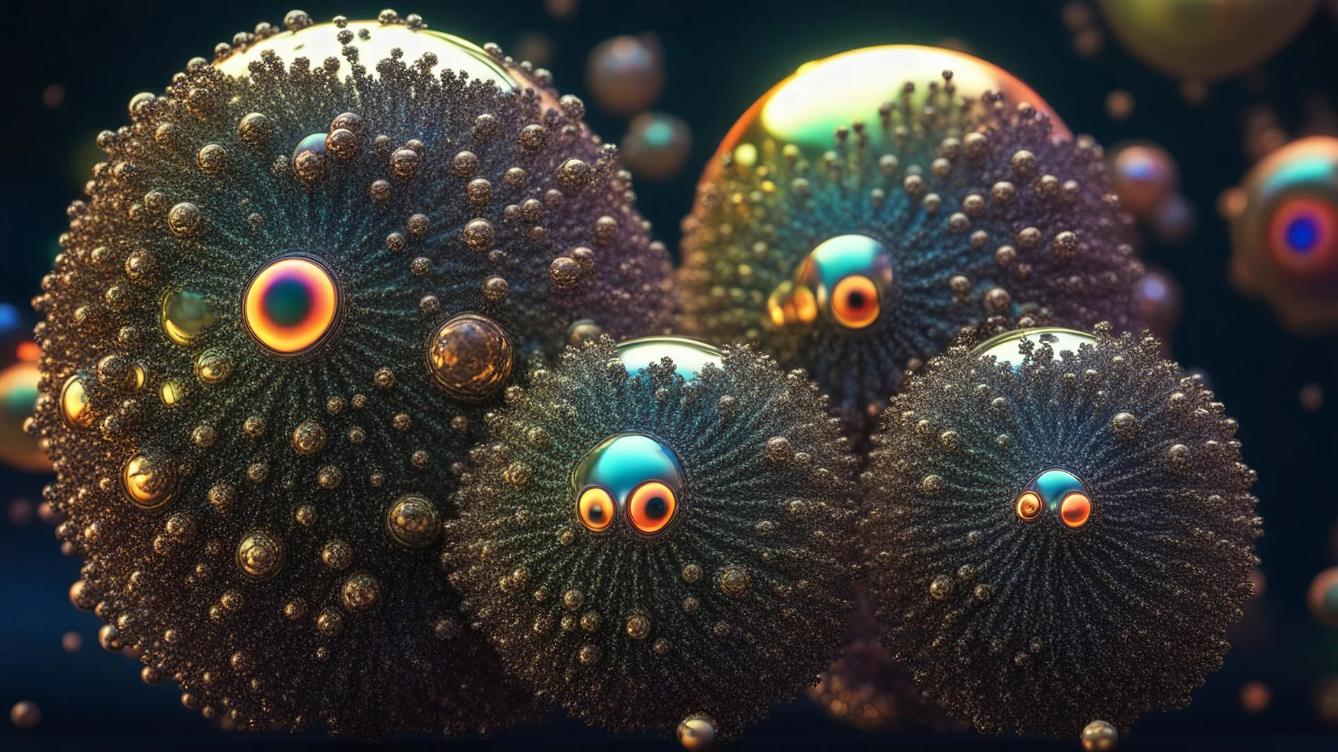 accurate stellated buckyballs with protruding organic tentacles and eyes, exciting, beautiful, complete, floating in space, iridescent, luminescent, fantasy, magic, reflective, multicolored, fractal texture, exquisite composition, bokeh, intricate detailed octane render trending on artstation, 8k artistic photography, photorealistic concept art, soft natural volumetric cinematic perfect light, chiaroscuro, award-winning photograph, masterpiece, lens 28mm