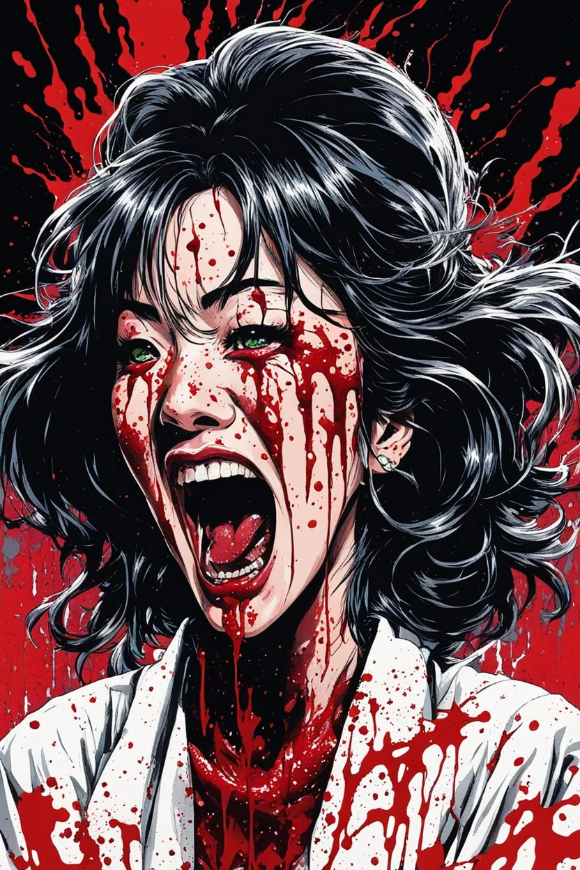 90s Japanese horror illustration, cartoonist Anime art, a woman screaming beheaded, bloody, splatter, gore art, pixelated art, high definition, giallo style, dario argento,