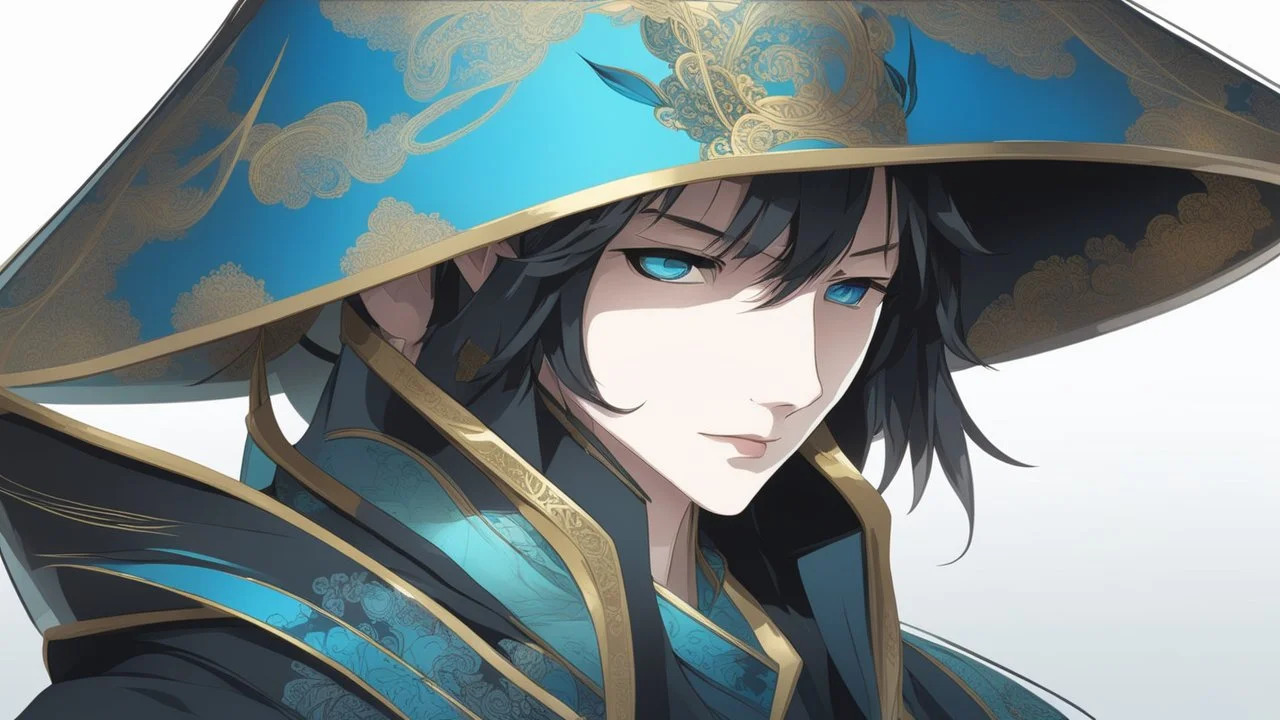 A man wears a black glass helmet and Chinese clothes , black and blue color, solo leveling shadow drawing style, neon, intricate details, highly detailed, high details, detailed portrait, masterpiece,ultra detailed, ultra quality