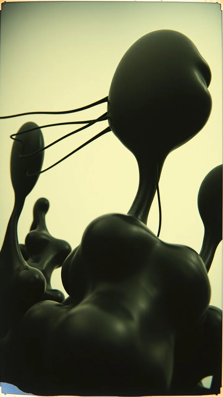Photography polaroid close-up of several shapes, elongated lines and object, massive odd Yves Tanguy incomprehensible style, Surrealism. On the left, there are other lower shapes, similar to trolps or mutanism, randomly arranged, glossy, organic, creepy tumor mass growing, strong texture, fiotti di liquido nero, horror, panic, obsessive, hypnotic