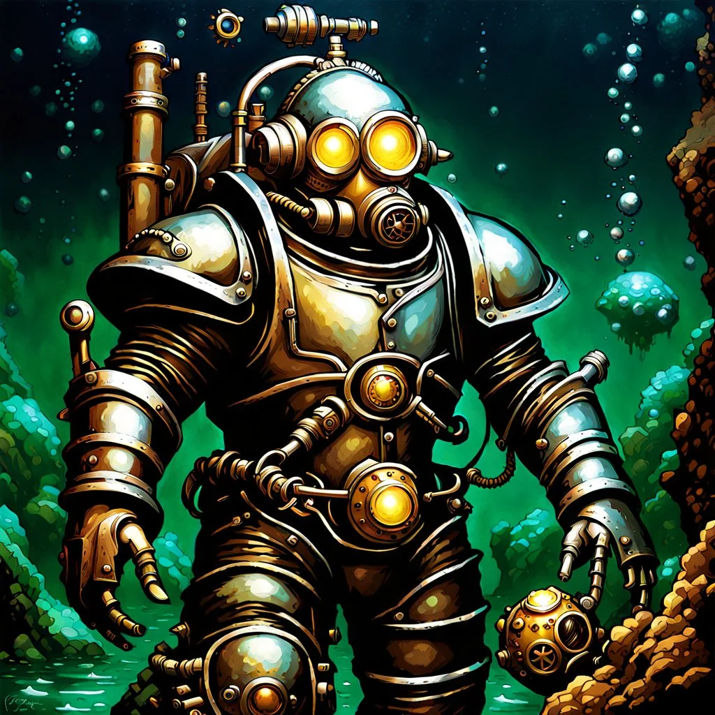 90's tcg art silver steampunk male diver with power armor and huge pauldrons fantasy glowing helmet underwater