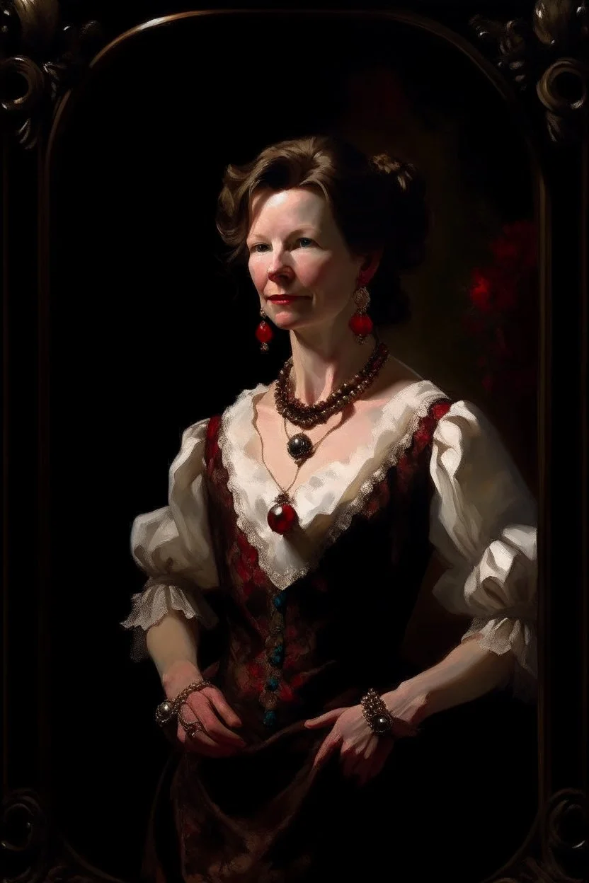 Full body image, Head to toe, Katherine Hepburn, well-shaped, perfect body, perfect face, large earrings, a necklace with a ruby heart jewel, a dark, stained wall in the background, oil painting in the art style of Gilbert Stuart