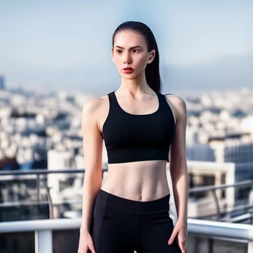 professional photo of a beautiful young woman, gorgeous beauty, sweaty pale skin, symmetrical face, wearing white sports bra, toned stomach, perfect boobs, dense voluminous hair, rooftop terrasse gym in background, penthouse environment, stunning background with city view, cinematic lighting, highly detailed, intricate, sharp focus, (((depth of field))), (((f/1.8))), 85mm, (((professionally color graded))), (((dusk))), soft diffused light, volumetric fog, hdr 4k, 8k