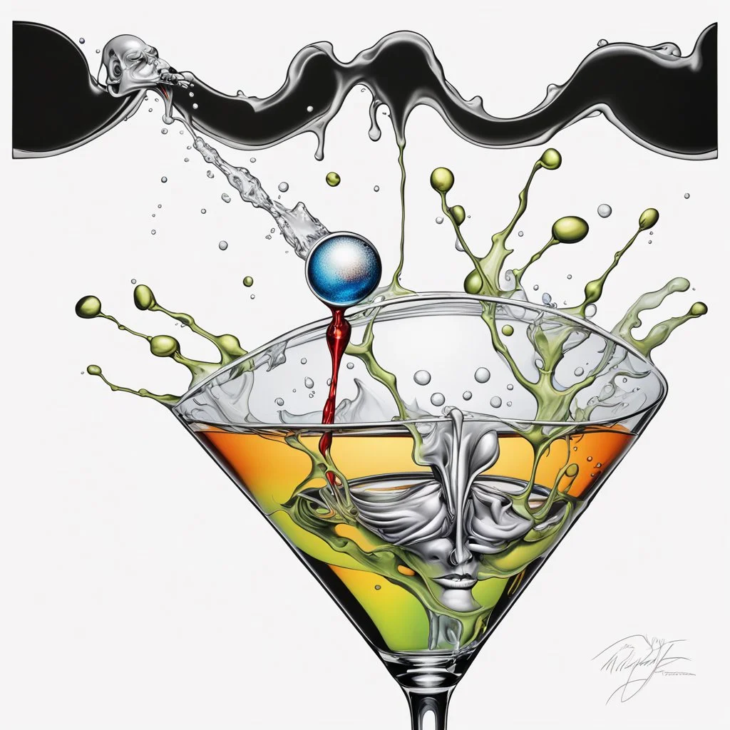 Surreal martini caricature, by Michael Godard, white vapor, black background, splash art.