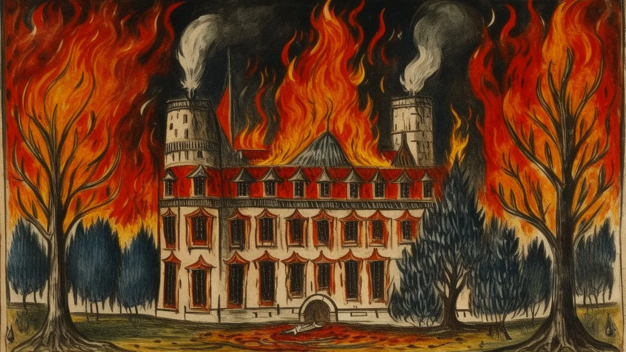 A dark brownish scarlet castle with flaming swords designed in medieval tapestry painted by Maurice Utrillo