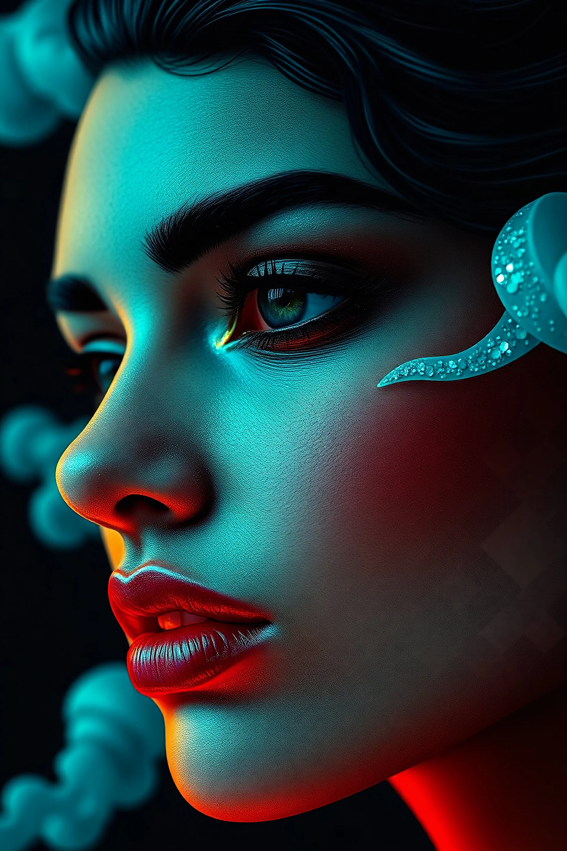 minimalism, close up portrait, pinup woman, deep rich colors, op art, math art by [Ray Caesar | RossDraws | Andy Kehoe | Hokusai | Alberto Seveso | Wadim Kashin], [deep blue green foil | gold foil | deep red glow] dotted clouds rim light, inner glow, volumetric light 3d [Marmorino Veneziano stucco | Art Deco | minimalism | Hokusai [The Great Wave off Kanagawa]], Watercolor, trending on artstation, sharp focus, studio photo, intricate details, highly detailed, by greg rutkowski