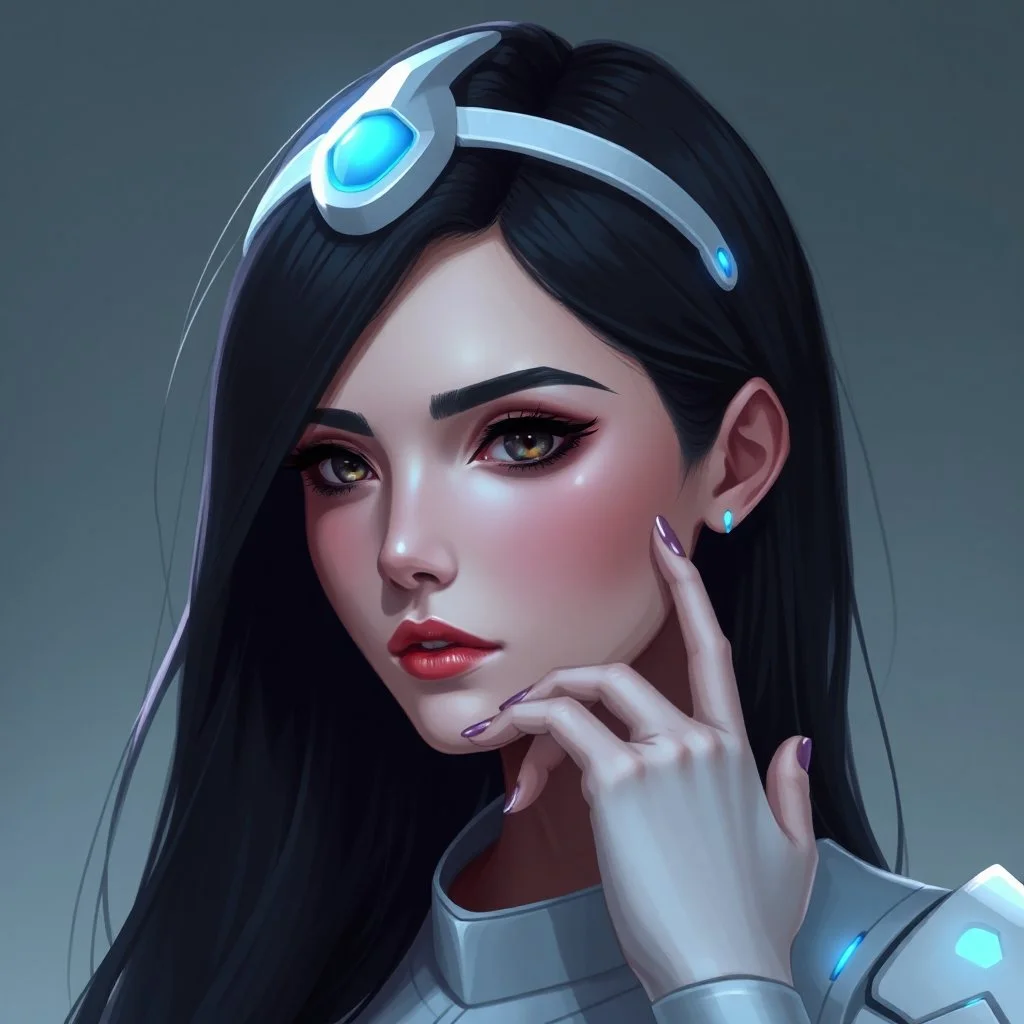 a pretty woman, dark hair, futuristic, contemplative, digital art, stylised
