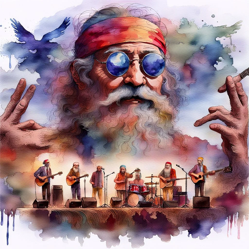 A dreamy watercolor painting showcases an elderly man with a long, flowing white beard and warm, kind eyes, radiating the spirit of an old hippie. He stands centered, wearing a tie-dyed headband with a “peace symbol” prominently displayed, his face subtly layered with a double exposure revealing a blurred, vibrant stage performance, hinting at a lifetime immersed in music. Soft, diffused light illuminates his gentle smile and highlights the intricate details of his weathered face, casting a warm