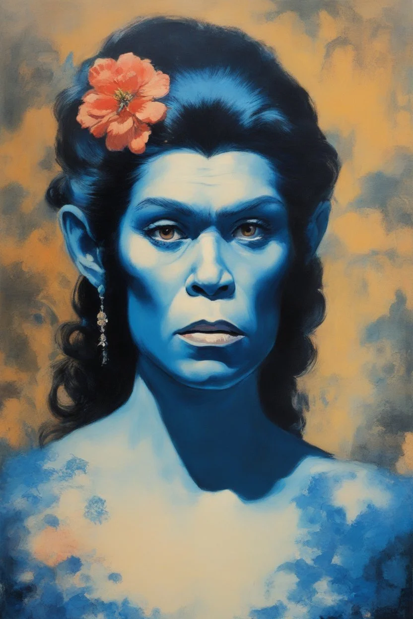 mugshot, Planet of the Apes, blue, large, floral designs, atmospheric, beautiful, China Doll, oil painting by Frank Frazetta