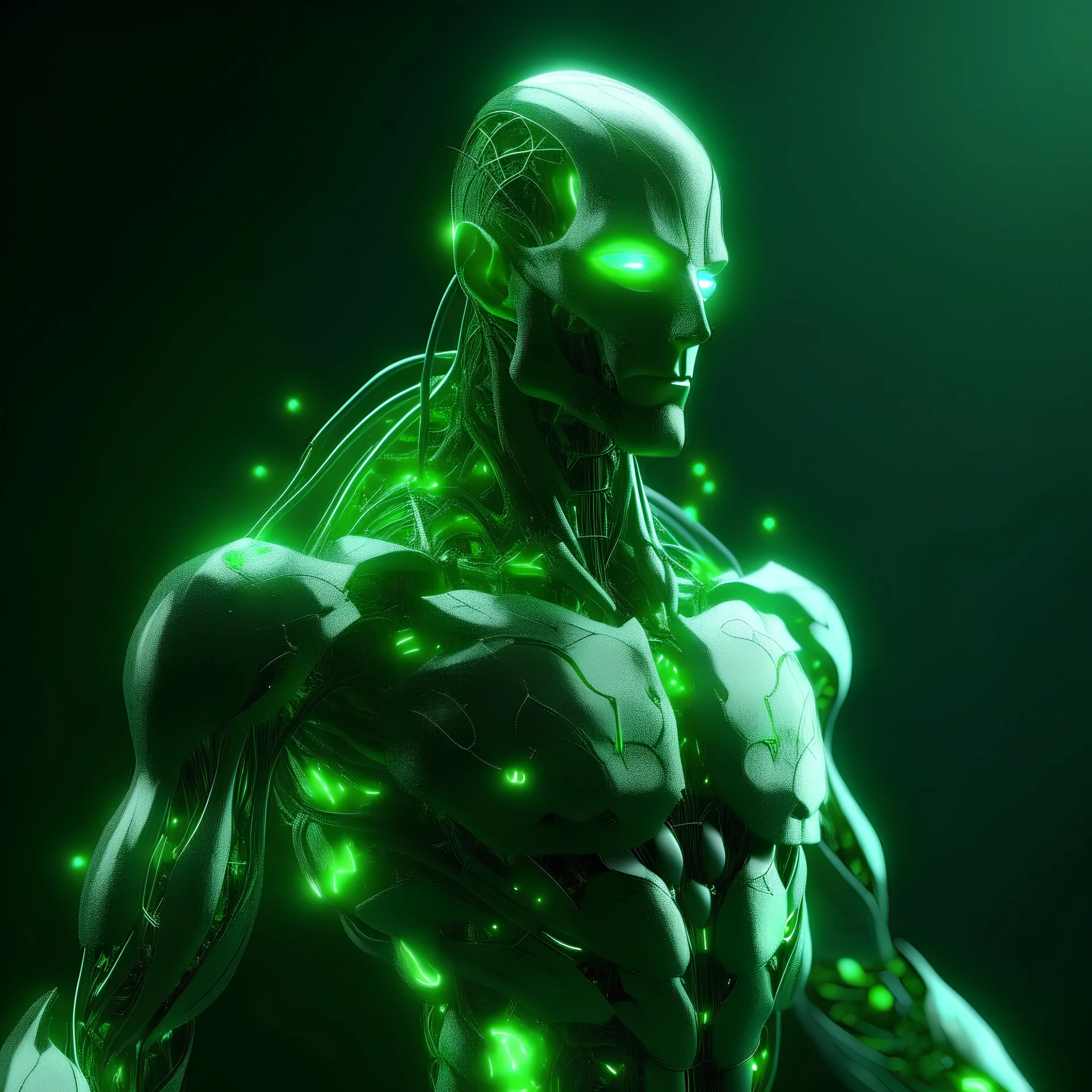 personaje futurista transformandose en humano con luces verdes