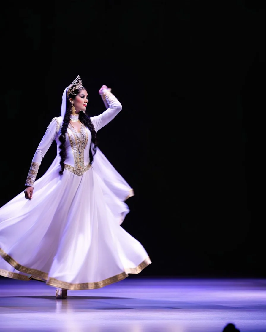 azeri female full bdy with traditional dance clothing in modern stage in a royal hall