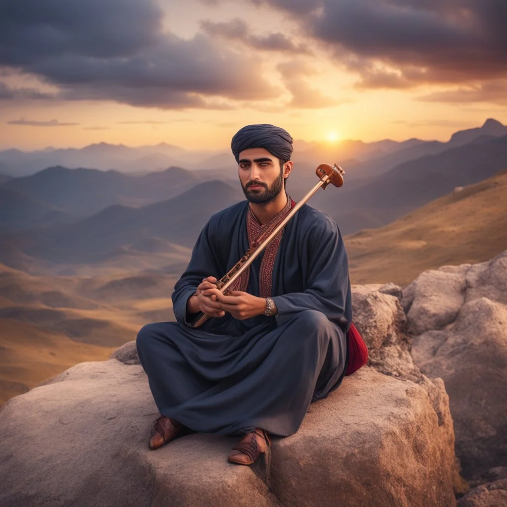 Hyper Realistic good-looking-young-pashto-man-with-beautiful-eyes playing traditional-instrument sitting on mountain at beautiful cloudy sunset with dramatic & cinematic ambiance