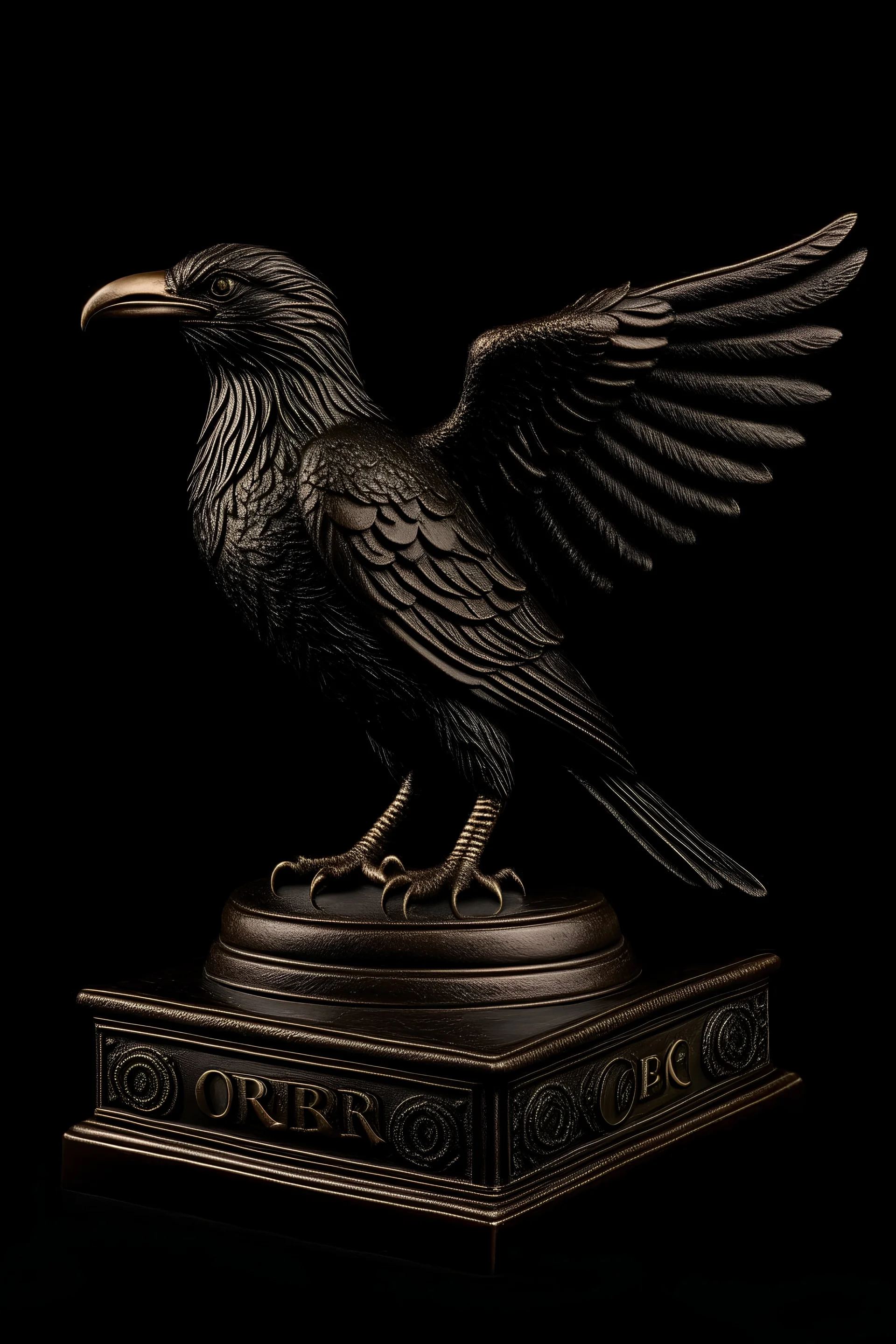an RPG-style bronze statuette in the shape of a raven with its wings spread and a plaque with the word "order" on it