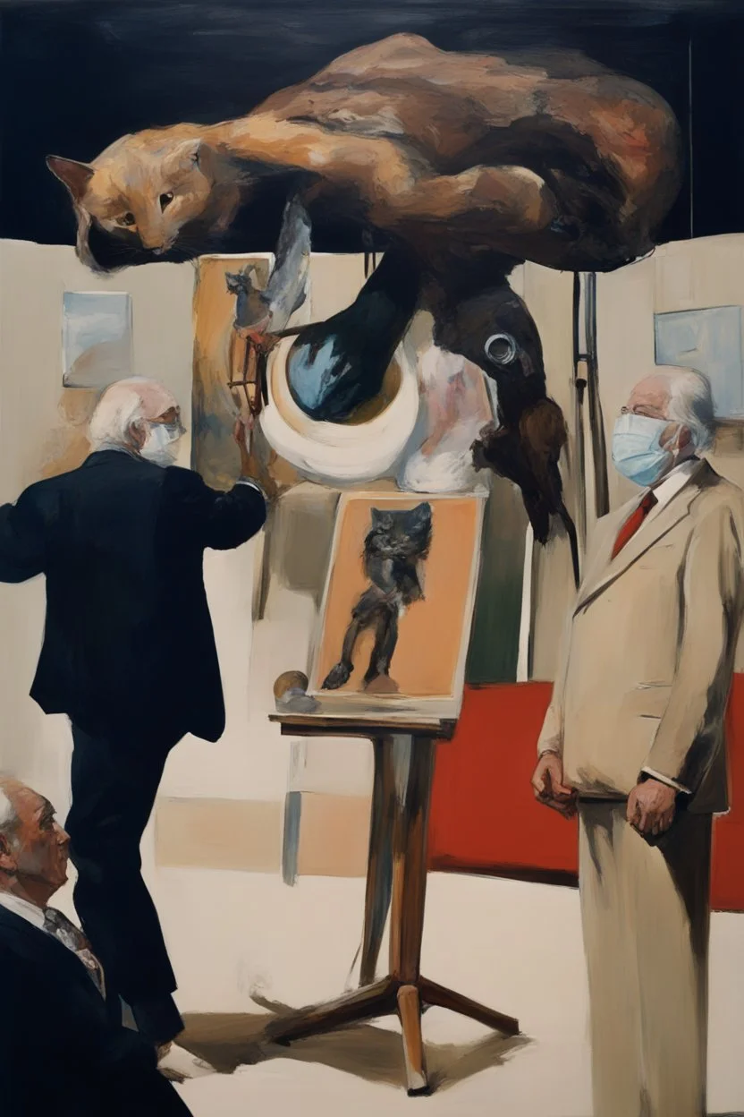 UN conference,a cat and human flesh-like surgical instruments and universe-like a pigeon and neuralink, surrealism,minimalism,Painting By Adrian Ghenie, Rene Magritte, Salvador Dali, Lucian Freud