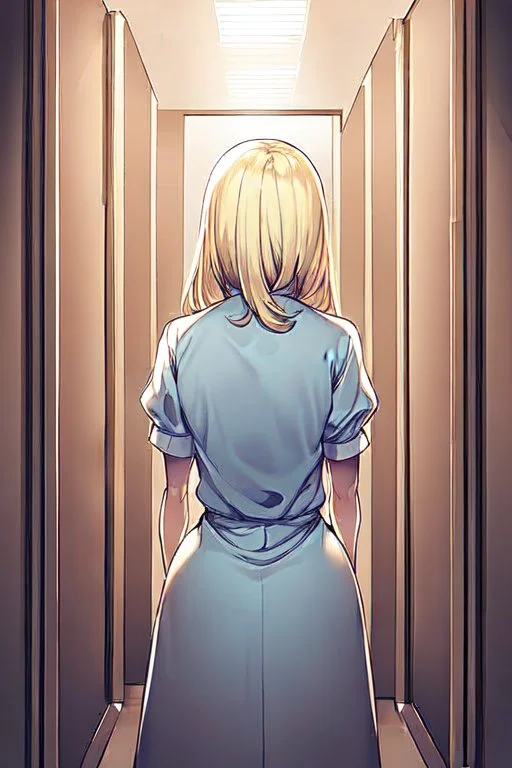 blonde girl walk in a corridor, back view, line arts, manga style