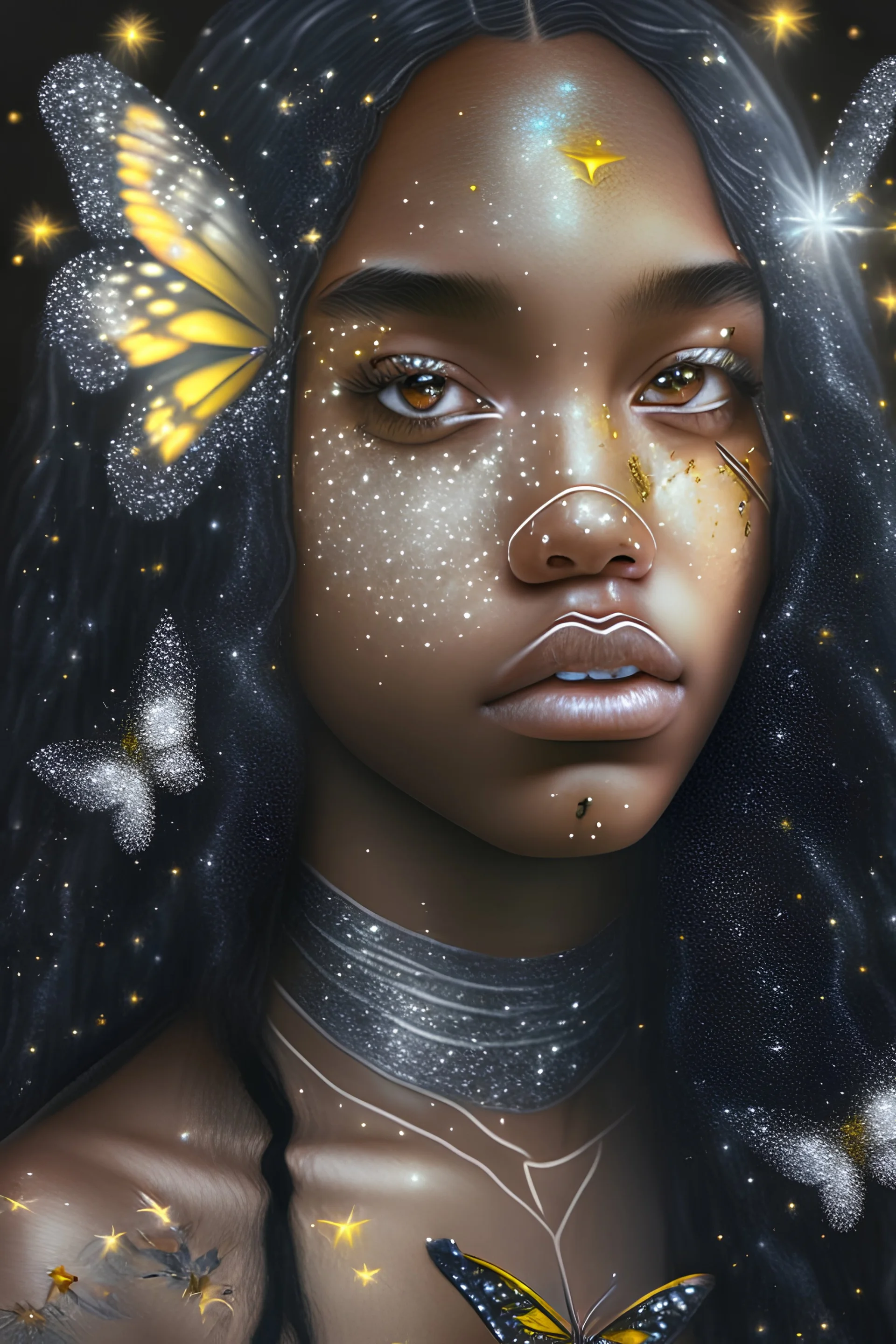 A 3D photorealistic fantasy portrait of a beautiful teenage black girl with glittering long black hair and yellow glittering sun tattoos drawn on her shiny cheeks with a glittering silver half moon and star tattoo drawn on her forehead and with a magical fantasy forest reflecting in her eyes and sparkling silver butterfly tattoos drawn all over her neck