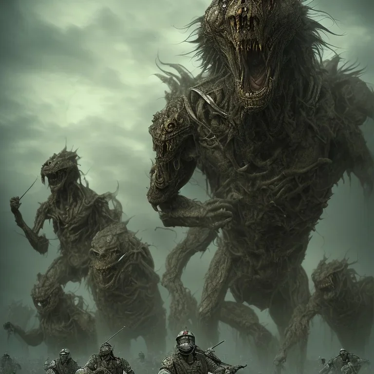 One man watching an army of monsters, wounded, long hair, hyperrealistic, dystopic, war, standing