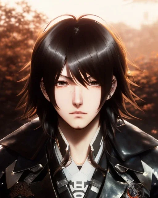 Detailed sad male anime boy with long brown hair, intricate details, full body portrait, keep head in frame, slight, black Japanese motif, concept art, highly detailed, digital painting, concept art, sharp focus, illustration, art by Yoji Shinkawa, WLOP and greg rutkowski and alphonse mucha and artgerm and yanjun Chen and Junji ito and Makoto Shinkai, HDR, octane render